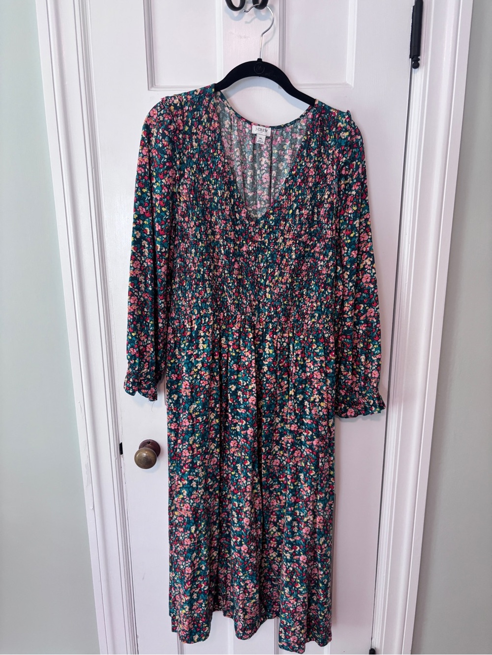 Floral V-Neck Midi Dress in Green and Pink - Jcrew shirred dress